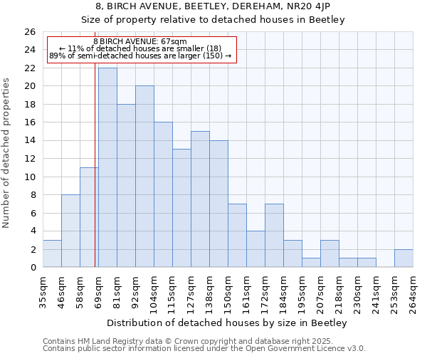 8, BIRCH AVENUE, BEETLEY, DEREHAM, NR20 4JP: Size of property relative to detached houses houses in Beetley