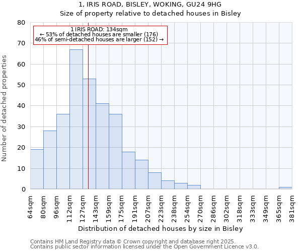 1, IRIS ROAD, BISLEY, WOKING, GU24 9HG: Size of property relative to detached houses houses in Bisley