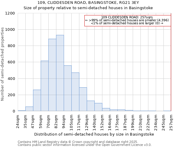 109, CLIDDESDEN ROAD, BASINGSTOKE, RG21 3EY: Size of property relative to semi-detached houses houses in Basingstoke