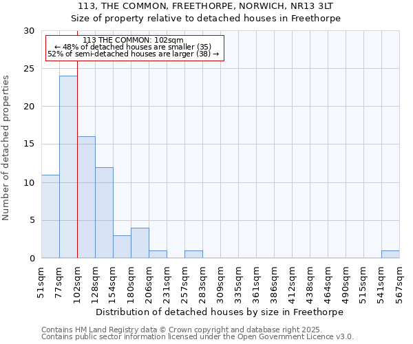 113, THE COMMON, FREETHORPE, NORWICH, NR13 3LT: Size of property relative to detached houses houses in Freethorpe