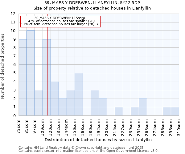 39, MAES Y DDERWEN, LLANFYLLIN, SY22 5DP: Size of property relative to detached houses houses in Llanfyllin