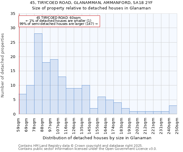 45, TIRYCOED ROAD, GLANAMMAN, AMMANFORD, SA18 2YF: Size of property relative to detached houses houses in Glanaman
