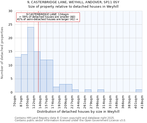 9, CASTERBRIDGE LANE, WEYHILL, ANDOVER, SP11 0SY: Size of property relative to detached houses houses in Weyhill