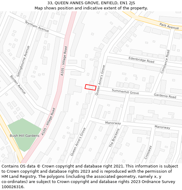 33, QUEEN ANNES GROVE, ENFIELD, EN1 2JS: Location map and indicative extent of plot