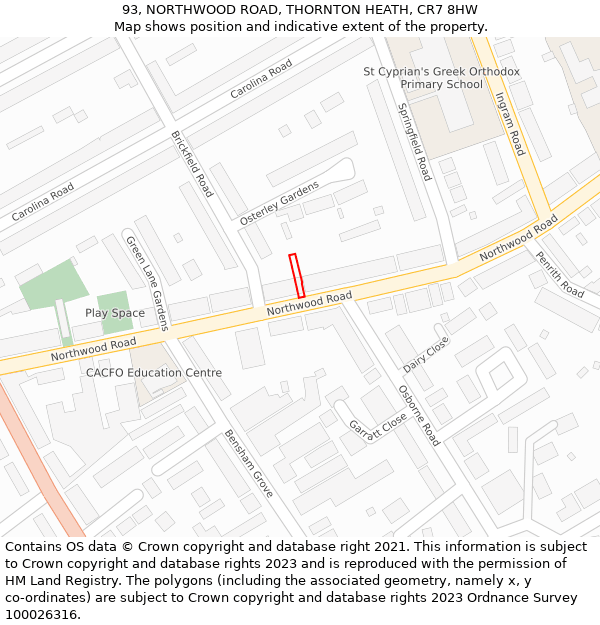 93, NORTHWOOD ROAD, THORNTON HEATH, CR7 8HW: Location map and indicative extent of plot