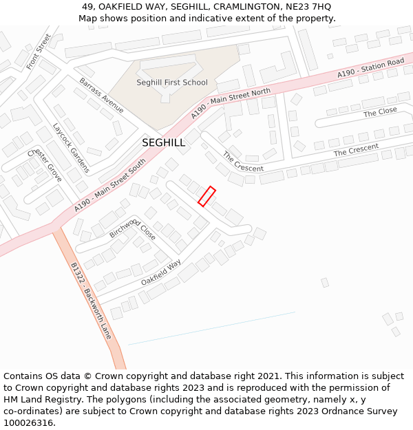 49, OAKFIELD WAY, SEGHILL, CRAMLINGTON, NE23 7HQ: Location map and indicative extent of plot