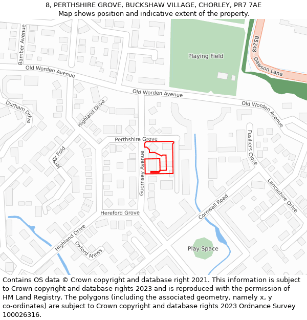 8, PERTHSHIRE GROVE, BUCKSHAW VILLAGE, CHORLEY, PR7 7AE: Location map and indicative extent of plot