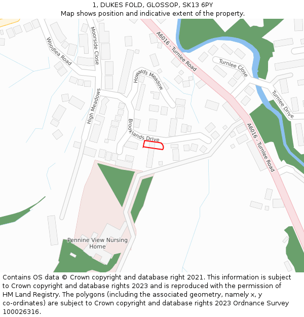 1, DUKES FOLD, GLOSSOP, SK13 6PY: Location map and indicative extent of plot