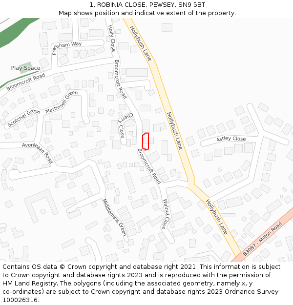 1, ROBINIA CLOSE, PEWSEY, SN9 5BT: Location map and indicative extent of plot