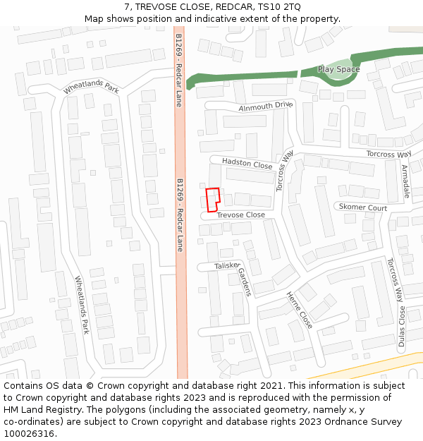 7, TREVOSE CLOSE, REDCAR, TS10 2TQ: Location map and indicative extent of plot