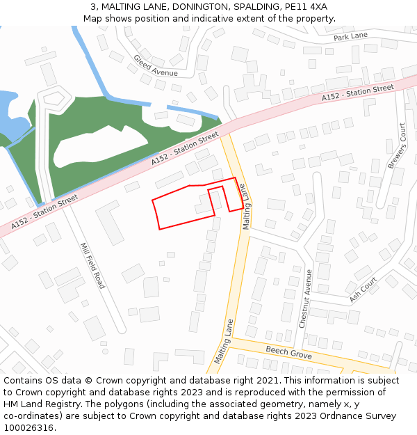 3, MALTING LANE, DONINGTON, SPALDING, PE11 4XA: Location map and indicative extent of plot