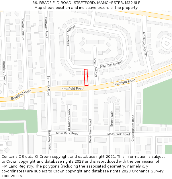 86, BRADFIELD ROAD, STRETFORD, MANCHESTER, M32 9LE: Location map and indicative extent of plot