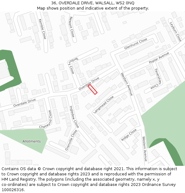 36, OVERDALE DRIVE, WALSALL, WS2 0NQ: Location map and indicative extent of plot