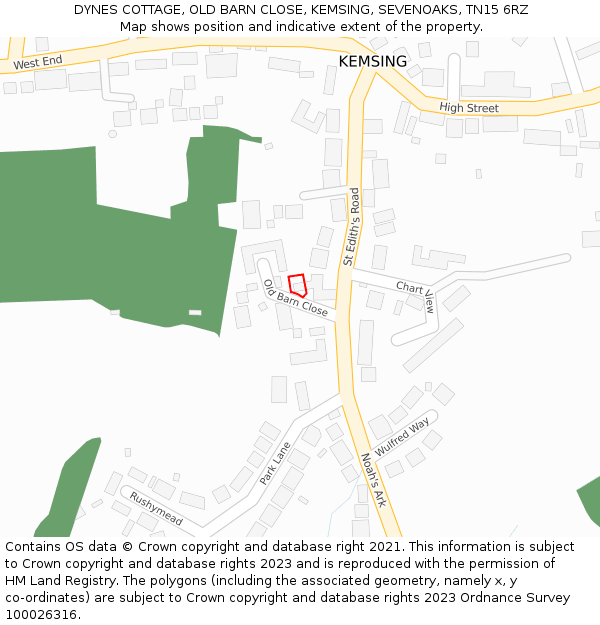 DYNES COTTAGE, OLD BARN CLOSE, KEMSING, SEVENOAKS, TN15 6RZ: Location map and indicative extent of plot