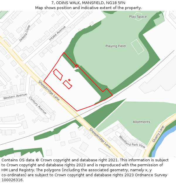 7, ODINS WALK, MANSFIELD, NG18 5FN: Location map and indicative extent of plot