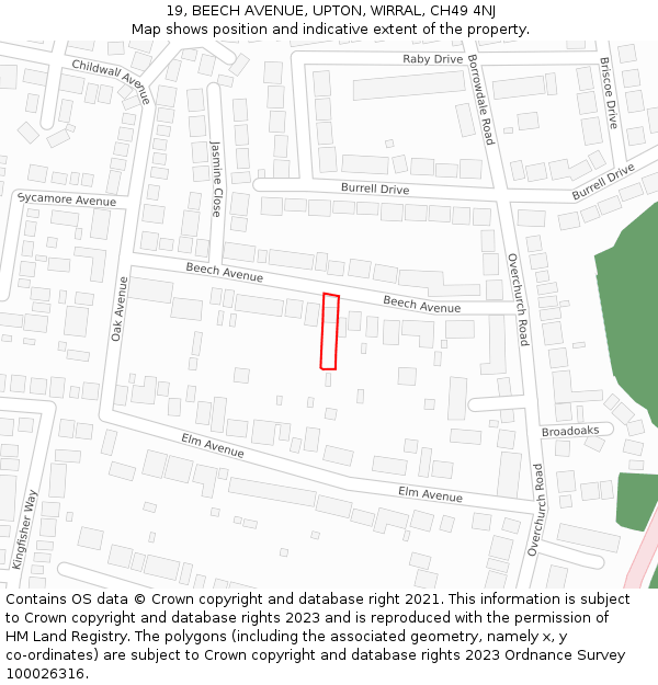 19, BEECH AVENUE, UPTON, WIRRAL, CH49 4NJ: Location map and indicative extent of plot