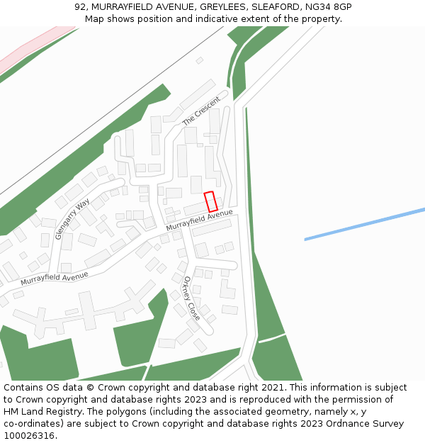 92, MURRAYFIELD AVENUE, GREYLEES, SLEAFORD, NG34 8GP: Location map and indicative extent of plot