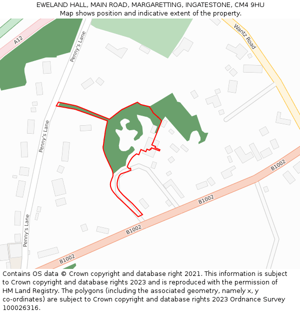 EWELAND HALL, MAIN ROAD, MARGARETTING, INGATESTONE, CM4 9HU: Location map and indicative extent of plot