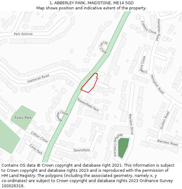 1, ABBERLEY PARK, MAIDSTONE, ME14 5GD: Location map and indicative extent of plot