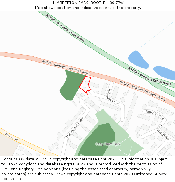 1, ABBERTON PARK, BOOTLE, L30 7RW: Location map and indicative extent of plot