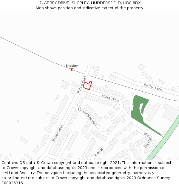 1, ABBEY DRIVE, SHEPLEY, HUDDERSFIELD, HD8 8DX: Location map and indicative extent of plot