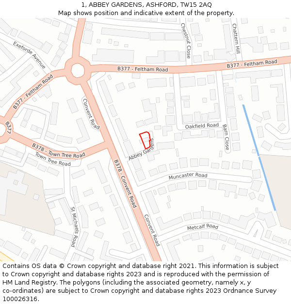 1, ABBEY GARDENS, ASHFORD, TW15 2AQ: Location map and indicative extent of plot