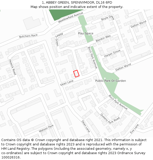 1, ABBEY GREEN, SPENNYMOOR, DL16 6PD: Location map and indicative extent of plot