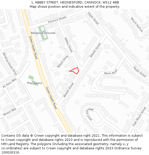 1, ABBEY STREET, HEDNESFORD, CANNOCK, WS12 4BB: Location map and indicative extent of plot