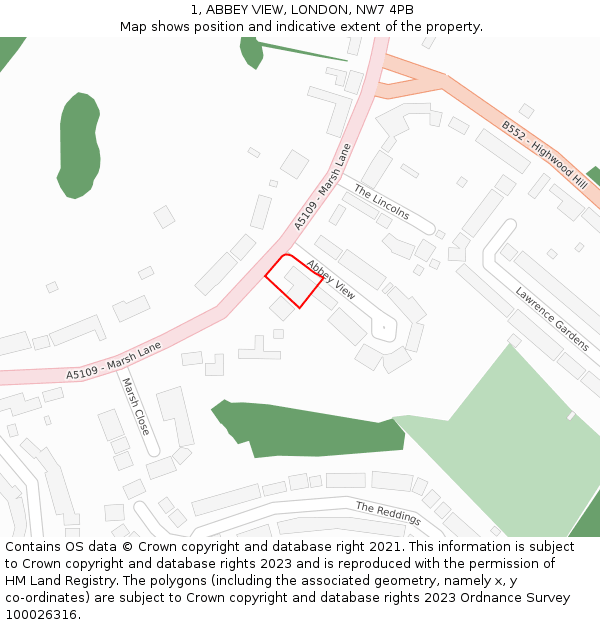 1, ABBEY VIEW, LONDON, NW7 4PB: Location map and indicative extent of plot