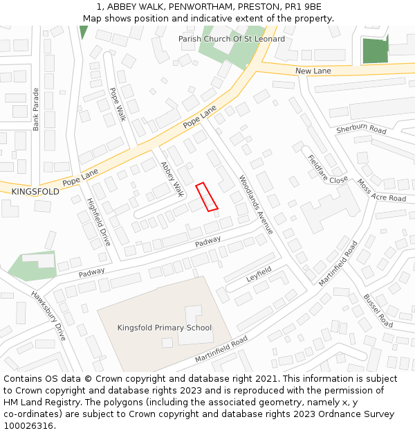 1, ABBEY WALK, PENWORTHAM, PRESTON, PR1 9BE: Location map and indicative extent of plot