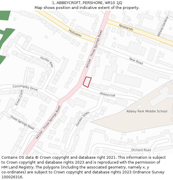 1, ABBEYCROFT, PERSHORE, WR10 1JQ: Location map and indicative extent of plot