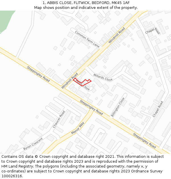 1, ABBIS CLOSE, FLITWICK, BEDFORD, MK45 1AF: Location map and indicative extent of plot