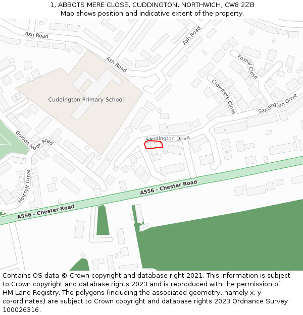 1, ABBOTS MERE CLOSE, CUDDINGTON, NORTHWICH, CW8 2ZB: Location map and indicative extent of plot