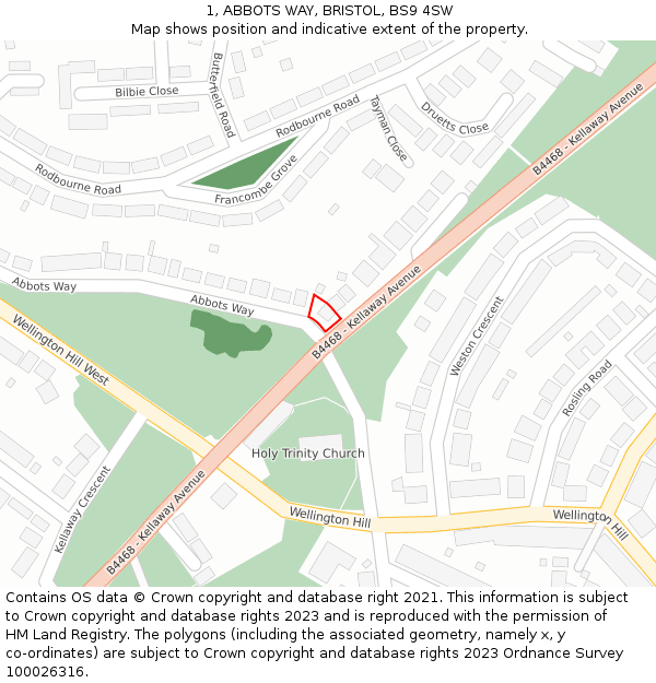 1, ABBOTS WAY, BRISTOL, BS9 4SW: Location map and indicative extent of plot