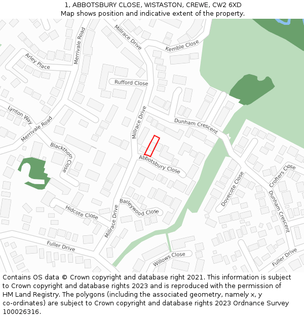 1, ABBOTSBURY CLOSE, WISTASTON, CREWE, CW2 6XD: Location map and indicative extent of plot