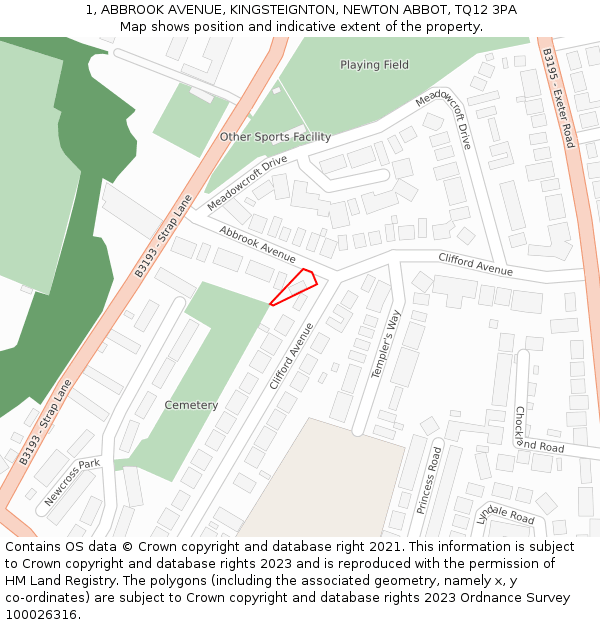 1, ABBROOK AVENUE, KINGSTEIGNTON, NEWTON ABBOT, TQ12 3PA: Location map and indicative extent of plot