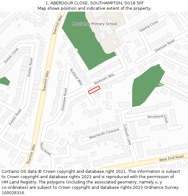 1, ABERDOUR CLOSE, SOUTHAMPTON, SO18 5PF: Location map and indicative extent of plot