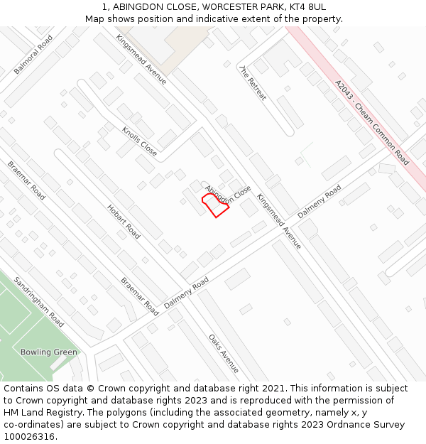 1, ABINGDON CLOSE, WORCESTER PARK, KT4 8UL: Location map and indicative extent of plot