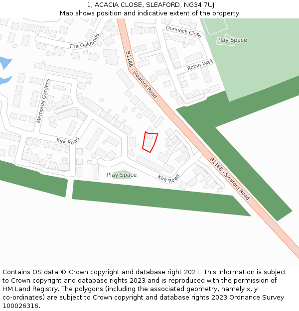 1, ACACIA CLOSE, SLEAFORD, NG34 7UJ: Location map and indicative extent of plot