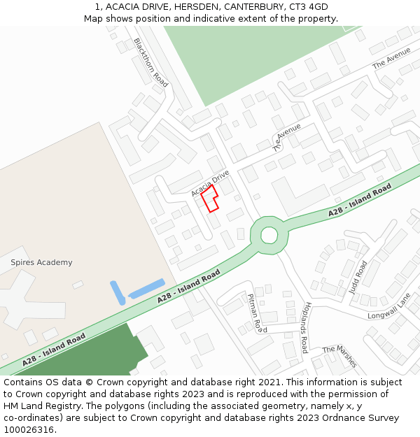 1, ACACIA DRIVE, HERSDEN, CANTERBURY, CT3 4GD: Location map and indicative extent of plot