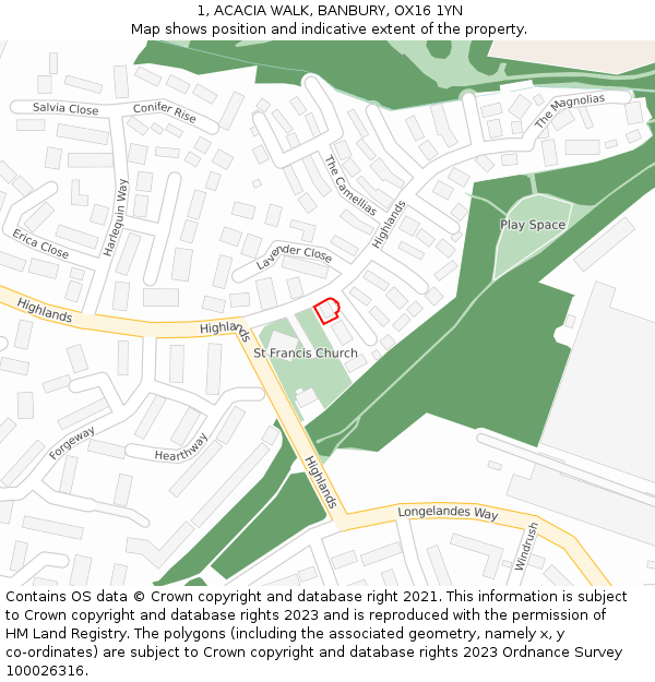 1, ACACIA WALK, BANBURY, OX16 1YN: Location map and indicative extent of plot