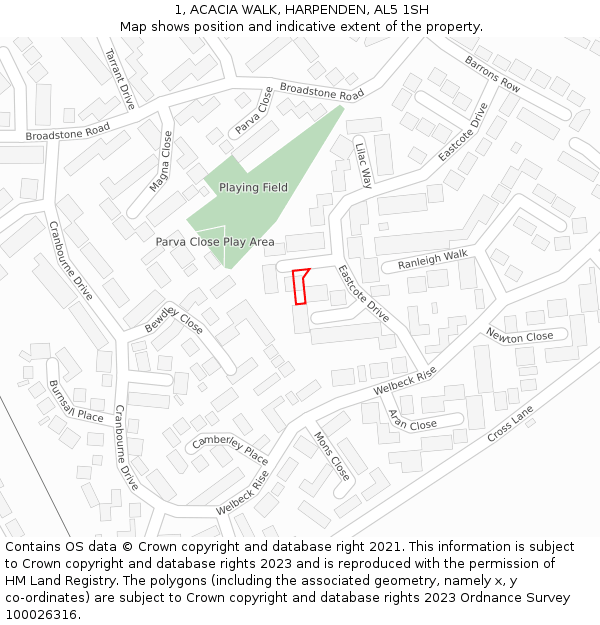 1, ACACIA WALK, HARPENDEN, AL5 1SH: Location map and indicative extent of plot