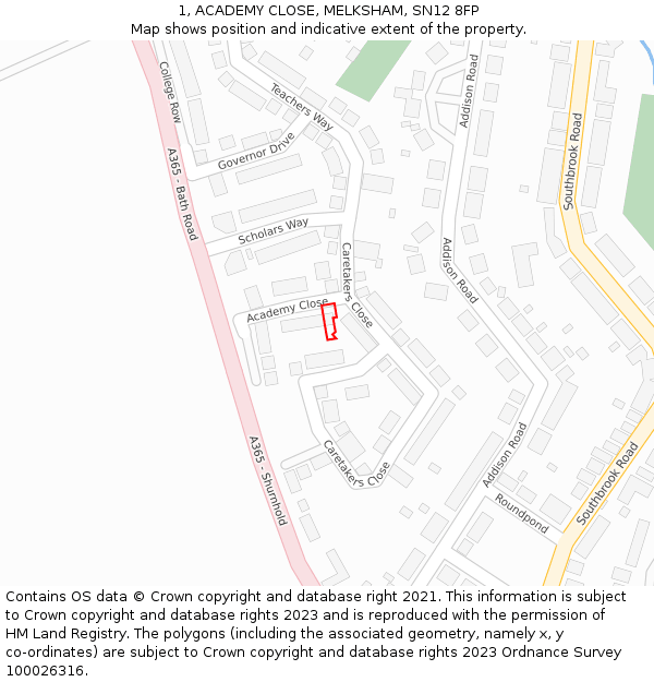 1, ACADEMY CLOSE, MELKSHAM, SN12 8FP: Location map and indicative extent of plot