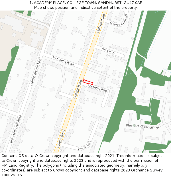 1, ACADEMY PLACE, COLLEGE TOWN, SANDHURST, GU47 0AB: Location map and indicative extent of plot