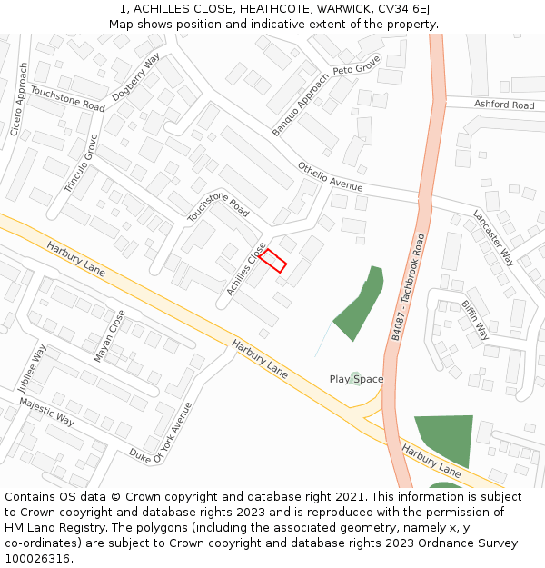 1, ACHILLES CLOSE, HEATHCOTE, WARWICK, CV34 6EJ: Location map and indicative extent of plot