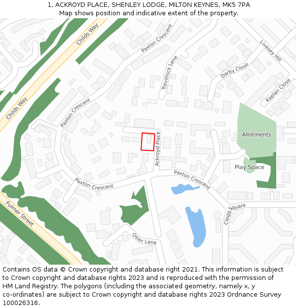 1, ACKROYD PLACE, SHENLEY LODGE, MILTON KEYNES, MK5 7PA: Location map and indicative extent of plot