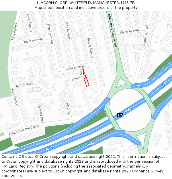 1, ACORN CLOSE, WHITEFIELD, MANCHESTER, M45 7BL: Location map and indicative extent of plot