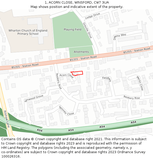 1, ACORN CLOSE, WINSFORD, CW7 3UA: Location map and indicative extent of plot