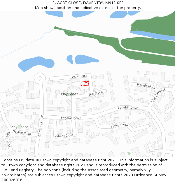 1, ACRE CLOSE, DAVENTRY, NN11 0PF: Location map and indicative extent of plot