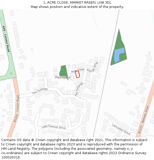 1, ACRE CLOSE, MARKET RASEN, LN8 3DL: Location map and indicative extent of plot